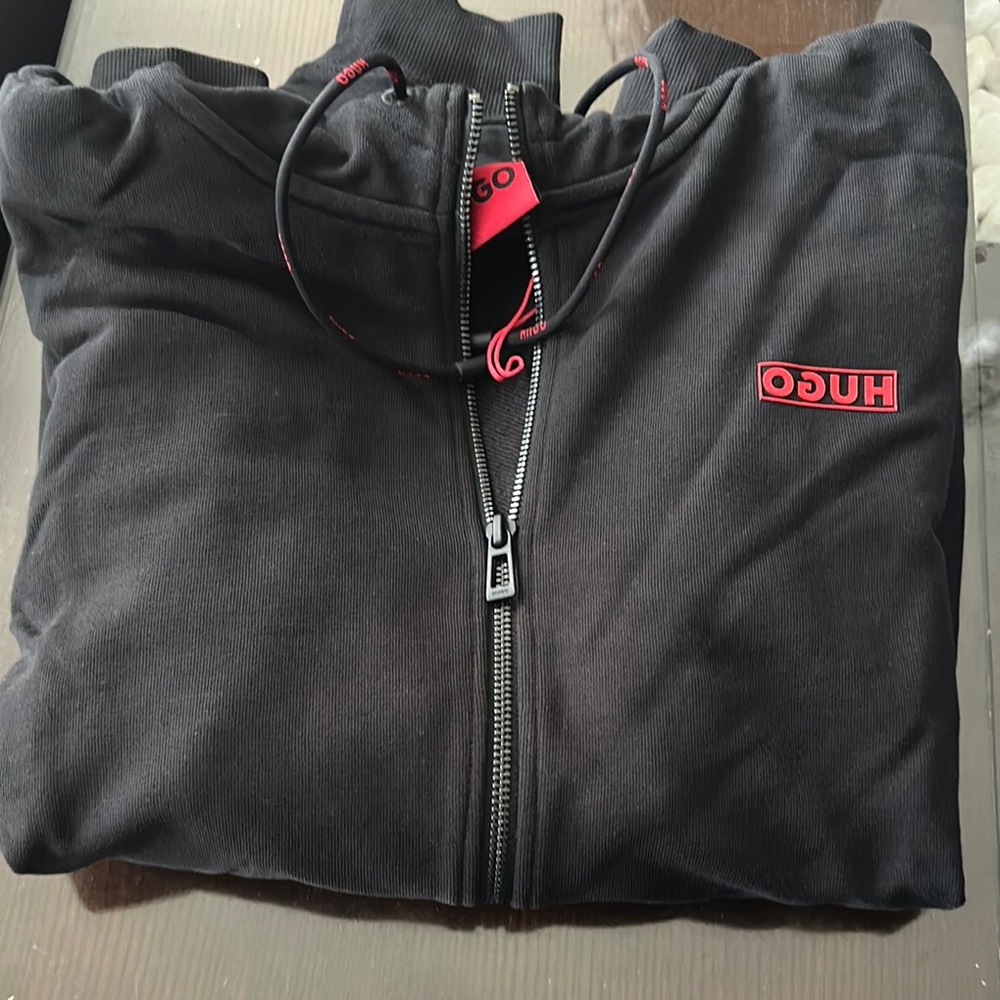 Black Zip-Up Hoodie with Red Accents